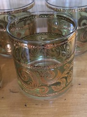 Signed Culver Toledo Green 22K Gold Rocks Glasses Set of 5 Vintage MCM Barware