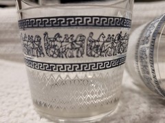 Set Of 2 Janette Roman/Greek Chariot/Key Design Blue White VTG Whiskey Rocks