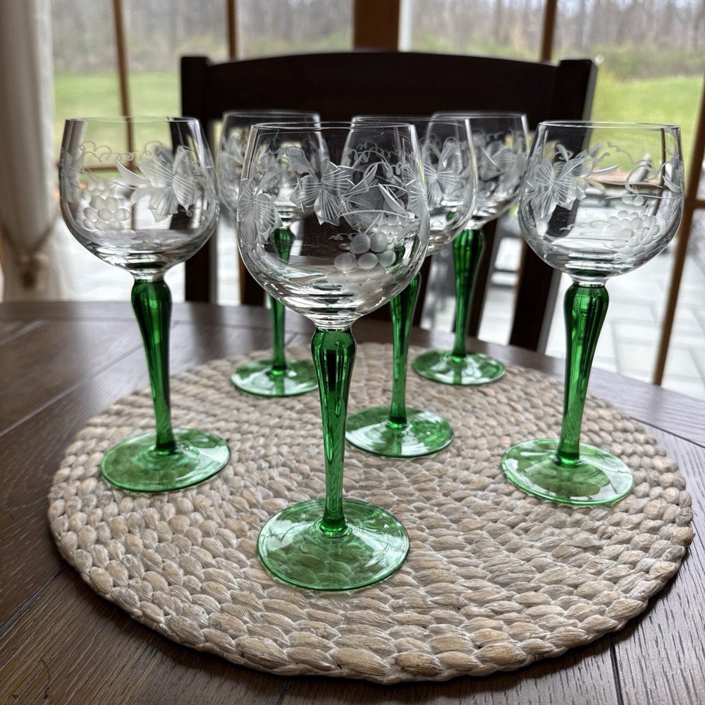 6 Vintage Green Stemmed, Clear Glass Etched Grapes And Leaves 5 Oz Wine Glasses