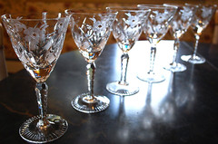 Vtg Set 6 HAND CUT CRYSTAL Wine Glasses Notched Stem GREY CUT FLORAL w ARCHES