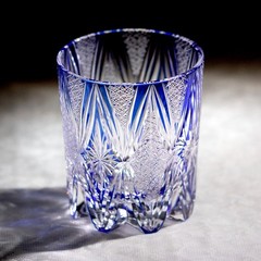 Stars Design Blue Edo Kiriko Glass Hand Cut To Clear Whiskey Glass Tumbler 9oz