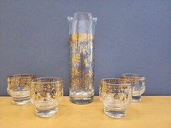 VTG Culver Chantilly MCM 22 KT Gold inlay 5pc Barware Martini Set