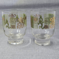 Mid Century Modern Lowball Glasses Set of 2 Gold Green Aztec 4″ Cocktail Vintage
