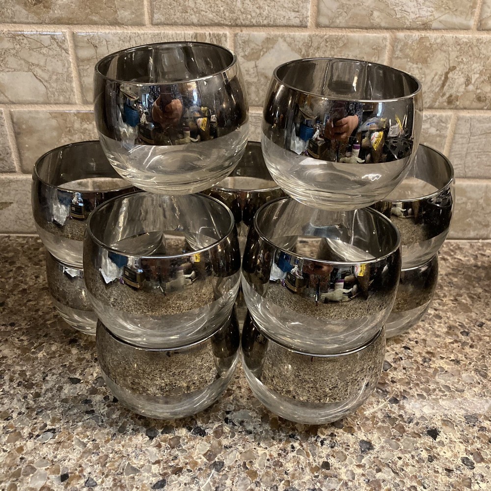 Vintage MCM Dorothy Thorpe Silver Rim Roly Poly 4 oz Glasses Set of 12