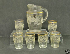 Vintage 7pc Bartlett Collins 806 Raised Grapevine Pitcher Glasses Set Gold Trim
