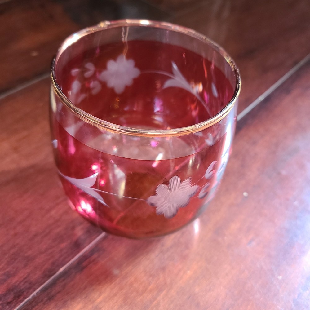 Vintage Cranberry Red Glass Tumbler with Etched Floral Pattern and Gold Rim