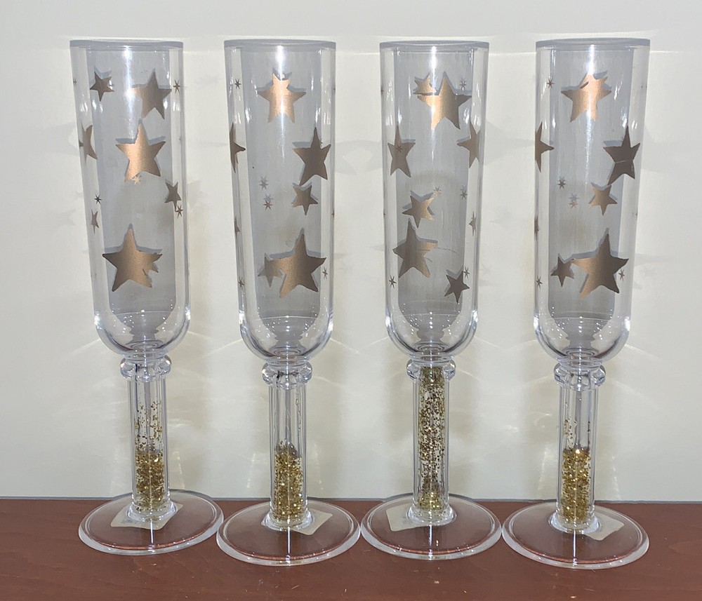Vintage Pier 1 PLASTIC Champagne Wine FLUTES Toasting Goblet Gold Stars Set Of 4