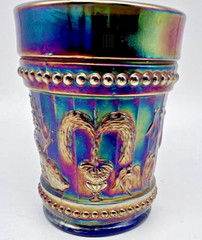 Dugan Carnival Glass Peacock @ The Fountain Tumbler Cobalt Blue 8 oz. Vintage