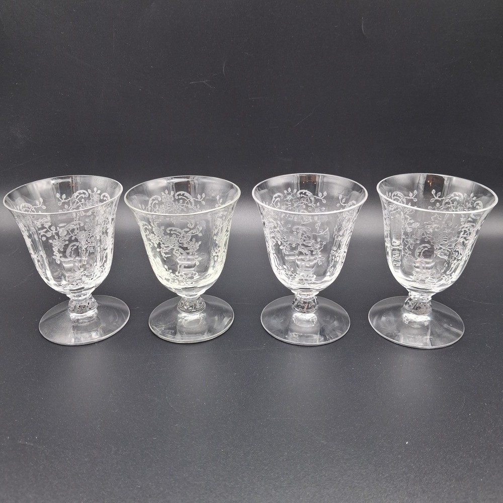 Fostoria Meadow Rose Etched Oyster Fruit Cocktail Juice Glasses 3 5/8” Set of 4