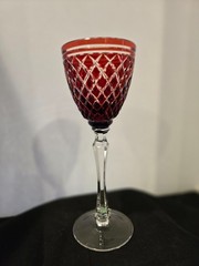 Signed Kusak Art Cut Crystal Cranberry Color Cut to Clear Wine Glass Tagged