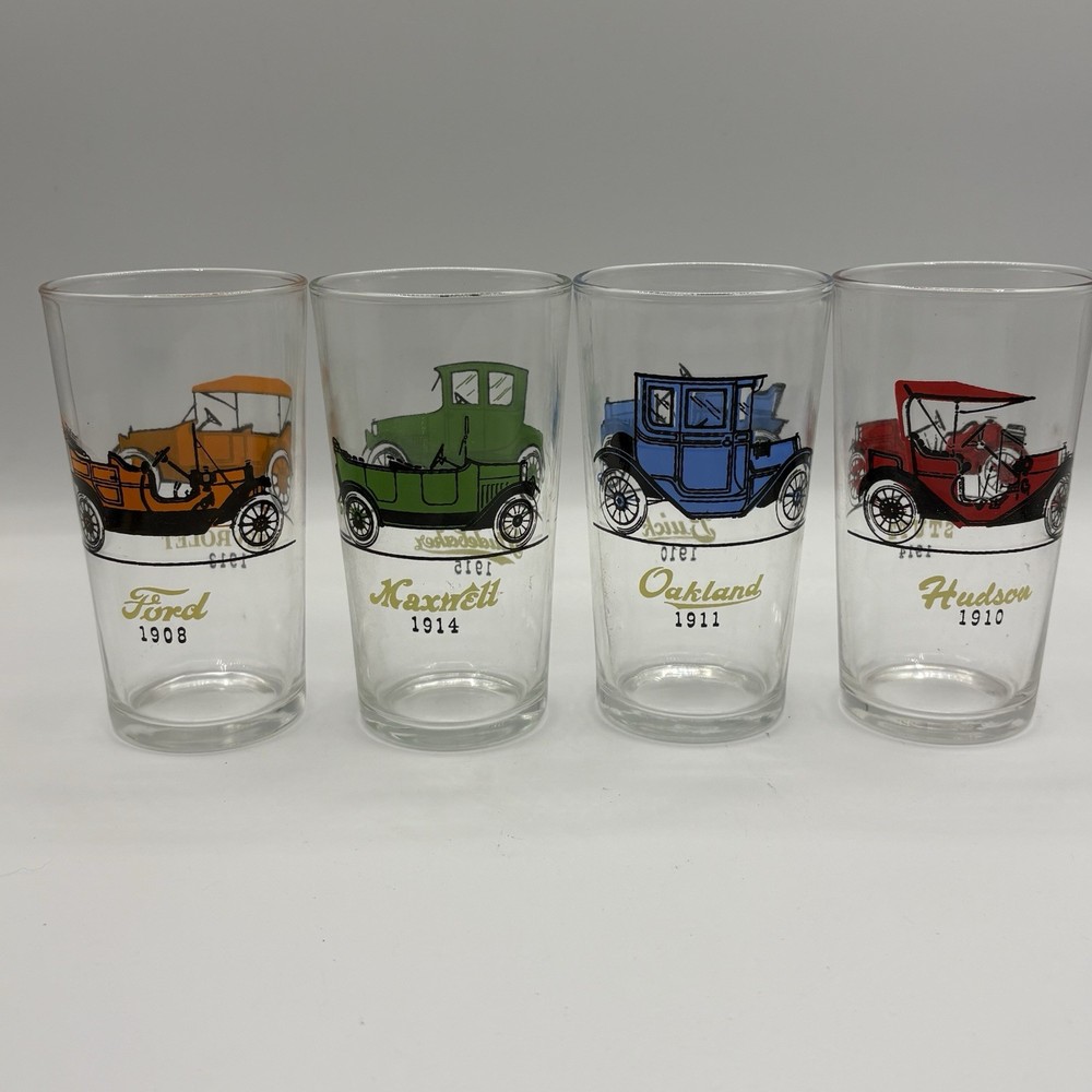 Vintage Hazel-Ware “Gay Glasses” – Set of 4 Double-Sided Antique Car Tumblers