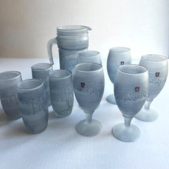 Vtg Hebron Glass Set 10 pc Hand Painted Blue Pitcher Tumblers Tulip Stem Frosted