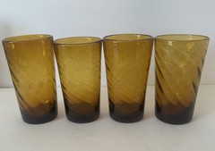 Hand Blown Glasses Tumbler Amber Swirl Bubble Mexico 6.5″ Set of 4 Barware Heavy