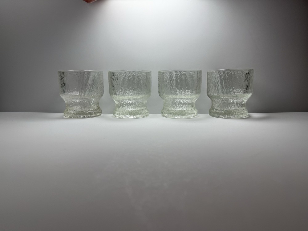 Vintage Krosno Poland Bark Textured Ice Glass Footed Tumblers Set of 4 MCM