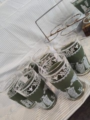 6 Vintage Wedgwood Green Jeanette Jasperware Grecian Highball Glasses & Bowl