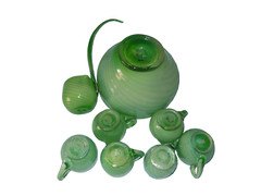 Murano Carlo Moretti 8 Pc Punch Bowl Set, Green & White Cased Glass OOAK, Italy