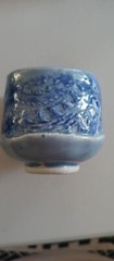Art Yunomi Sake Tea Cup Ceramic Footed Handbuilt Unique Blue Textured Signed