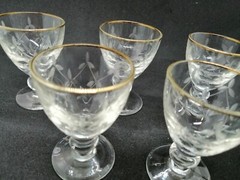 VINTAGE 2 SET OF 6 OLD Glasses LIQUOR WINE SHOTS CUPS golden lines & decorated