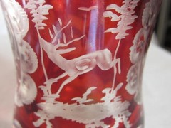 Bohemian Ruby Glass Beaker~Deer & Stag~ Concave Base, Thick Crystal, c.1880