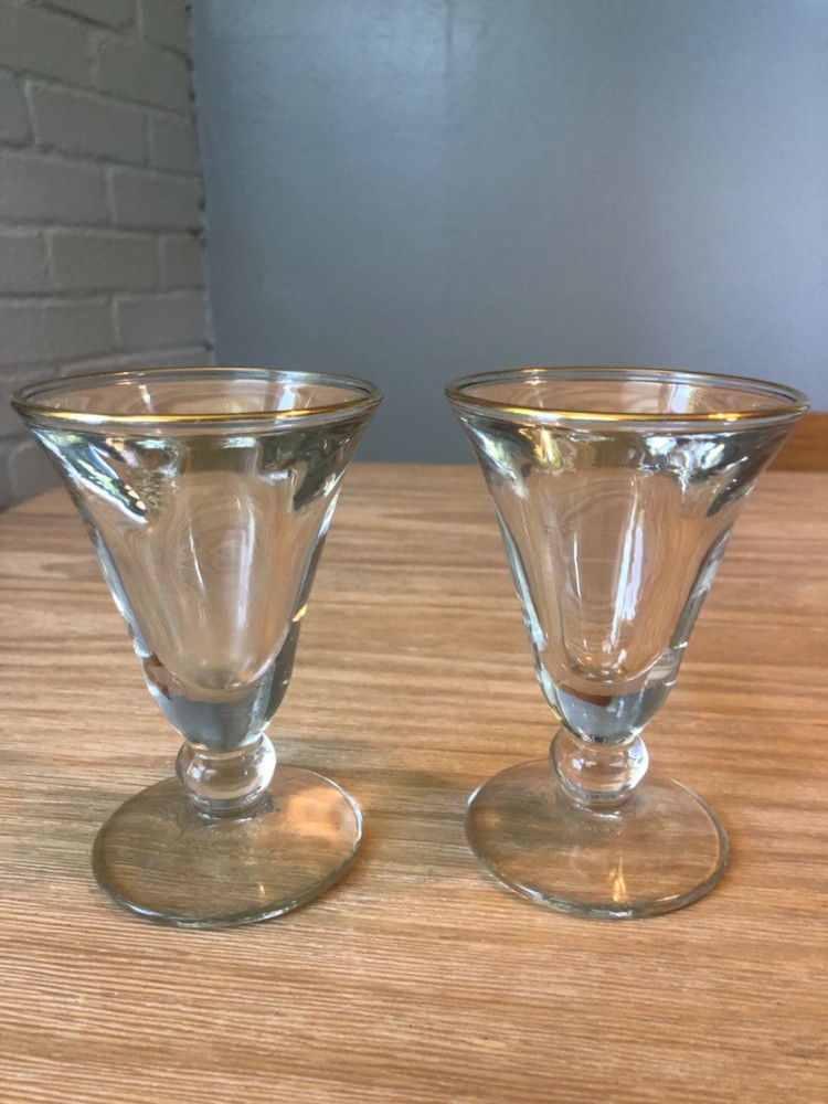 Set of 2 La Rochere Vintage Liqueur or Cordial French Gold Rim Liquor Glasses