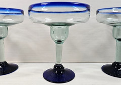 (4) Pier 1 Cobalt Rim Margarita Glasses Set Hand Blown Drinking Stemware Bar Lot