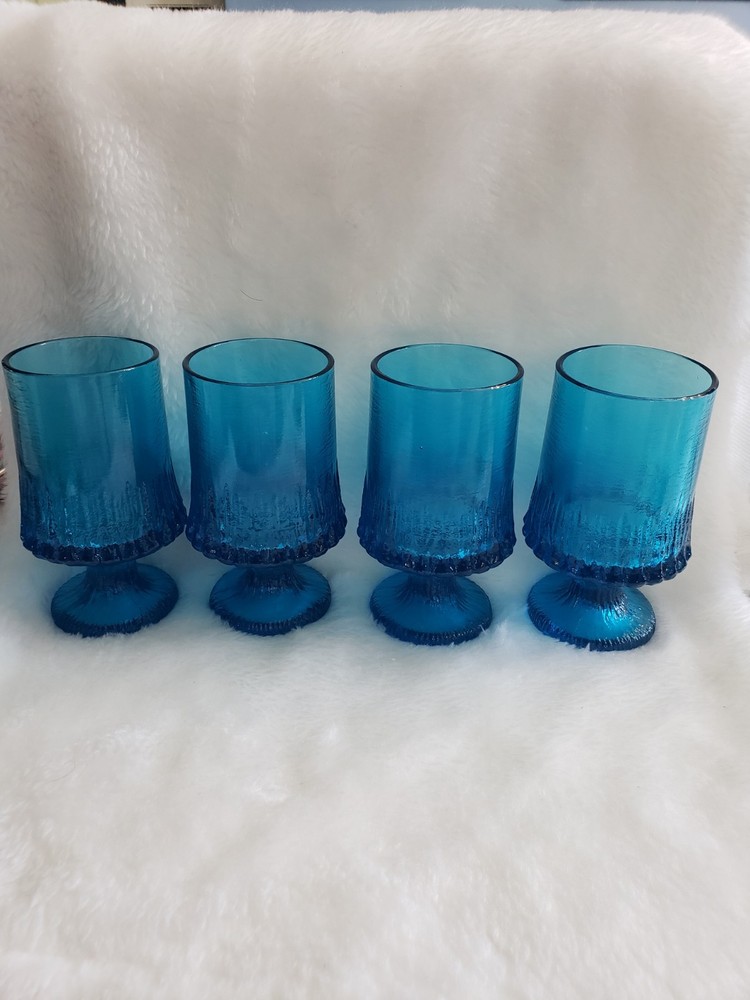 Vintage Drinking Glasses Iced Tea MCM Footed Glass Electric Blue Set of 4