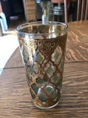 Vintage Culver Valencia Highball Tumbler Glasses 22k Gold Green Diamond 8 Signed