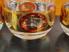 Set of 3 VTG CERA Gold Purple Pear Fruit MCM Barware 5oz Bourbon Whiskey Glasses