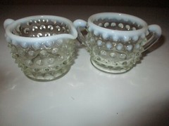 Vintage Anchor Hocking Glass Co. MOONSTONE Opalescent Mini Cream & Sugar Cute**