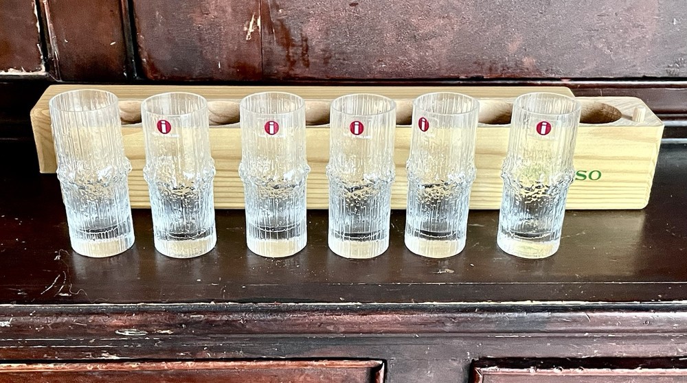 Rare Set 6 Vintage Iittalia Nova Schnapps Glasses, Original Wooden Box 1970s