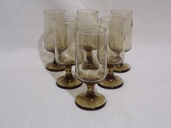 Libbey Tawny Accent Smoke Brown 4 oz Wine Stemmed Glasses 1970s Set of 6 Vintage
