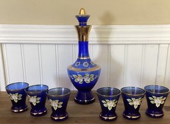 🌸 VTG Czech Bohemian Cobalt Blue & Gold Enamel Flowers Decanter & Cordial Set