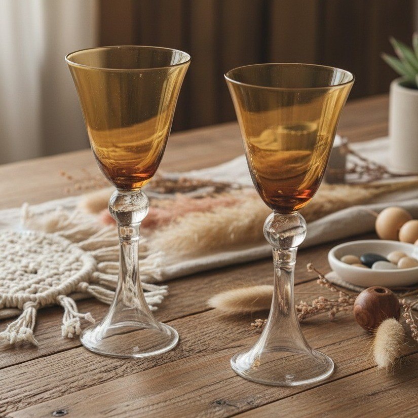 Amber Ombre Wine Goblets, Set of 2, Vintage Stemware, Ball-Knob Stem, Drinkware