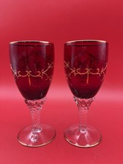 2 Vintage Venetian Murano Glass Wine Goblets 24k Gold Leaf Hand Painted