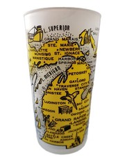 HAZEL-ATLAS Glass Michigan Drinking Glass Frosted Artwork Map Souvenir LandMark