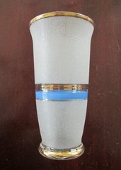 Four MCM Sugar Frosted Cooler Glasses with Gold Red / Blue Bands 6″