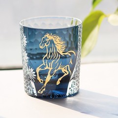 Ink Blue Whisky Glass Hand Cut Gold Horse Pattern 8oz Modern Design