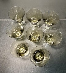 Swedish Crystal 1960s Ingrid Gulli 8 Smoky Lobed Stem Cordial Glasses, 3×4.5”