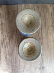 Unmarked Studio Set of 2 Blue & Beige Speckled Ceramic Goblet Cups Glossy 6in