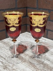 Art Decor Ruby Red Water Glass/Wine Goblet 24K Gold Made In Italy NEW Set Of 2