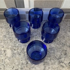 Cobalt Blue Vintage Glasses, Ribbed Base, 4” Tall, 8 oz. Set Of 5, Great Cond.