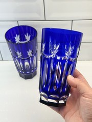 AJKA CAROLYNE HIGHBALL GLASS COBALT BLUE CUT TO CLEAR CRYSTAL HUNGARY BOHEMIAN