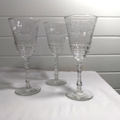 Vintage Pressed Glass Water Goblets 8” Set of 3 Stemmed Clear Glass