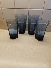 4 Anchor Hocking Courtney Blue 6 Panel Drinking Glasses, 2 Are 12 Oz 2 Are 10 Oz
