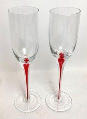 Lot of 2 Clear Glass & Red Teardrop Champagne Flute Glasses 9.25 Inches Tall