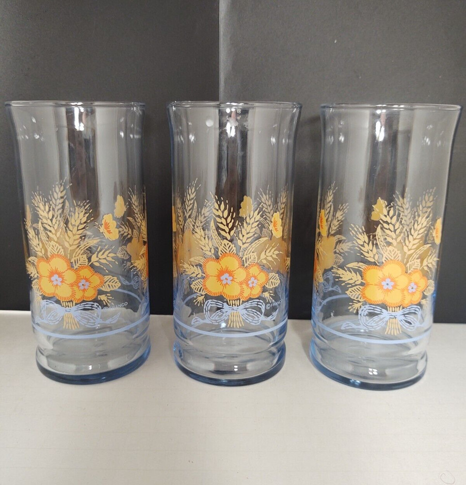 Vintage Libbey Drinking Glasses Blue Tinted Orange Flower Bouquet Set of 3