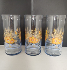 Vintage Libbey Drinking Glasses Blue Tinted Orange Flower Bouquet Set of 3