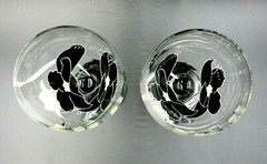 2 PINK & YELLOW FLORAL WINE GLASSES / WINE GOBLETS WITH BLACK STEMS