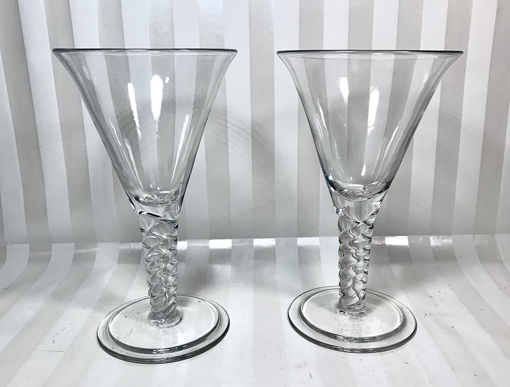 Set Of 2 Blown Glass Trumpet Shaped Water Goblets Braided Stems Two-Tiered Base