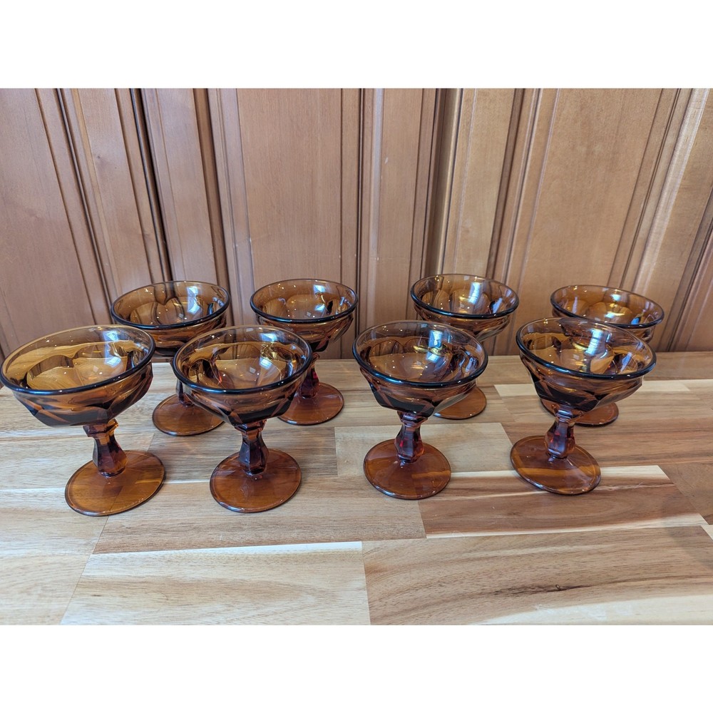 VTG Set of 8 Indiana Glass Kings Crown Amber Thumbprint Sherbet Dessert Cups MCM